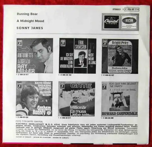 Single Sonny James: Running Bear (Capitol 1C 006-80 114) D 1969