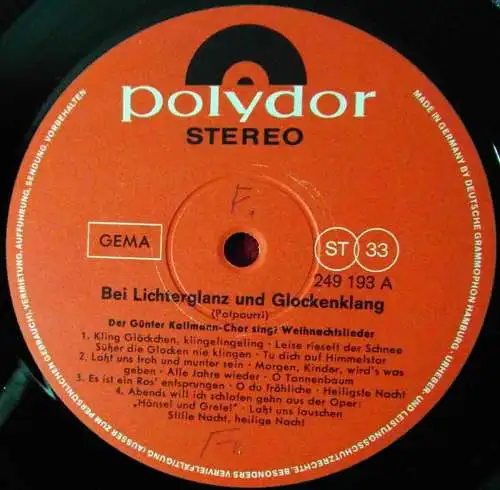 LP Günter Kallmann Chor: Viel Glockenklang und Lichterglanz (Polydor 249 193) D