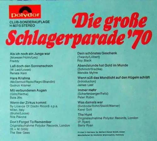 LP Große Schlageparade ´70 (Polydor H 807/0) Clubsonderauflage (D)