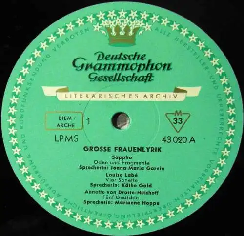 LP Große Frauenlyrik - Joana Maria Gorvin Käthe Gold Marianne Hoppe Maria Becker