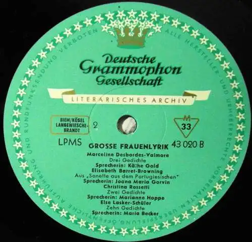 LP Große Frauenlyrik - Joana Maria Gorvin Käthe Gold Marianne Hoppe Maria Becker