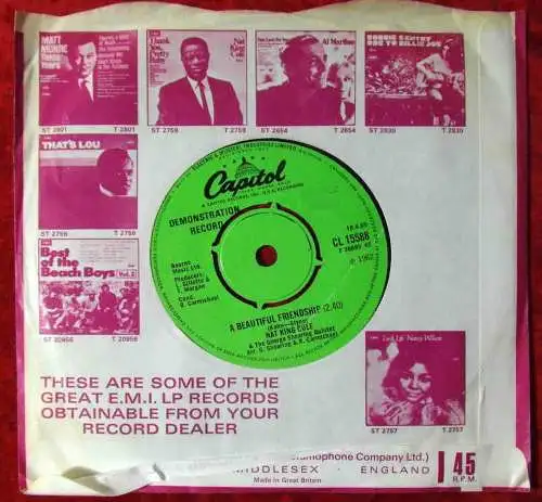 Single Nat King Cole: Answer Me / A Beautiful Friendship (Capitol CL 15588) Demo