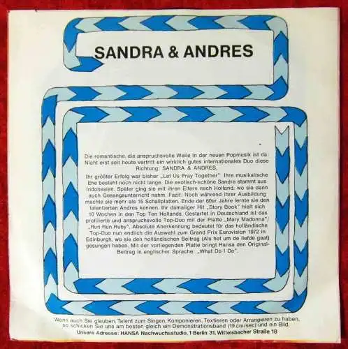 Single Sandra & Andres: What Do I Do (Hansa 12085)  D 1972 Grand Prix Eurovision