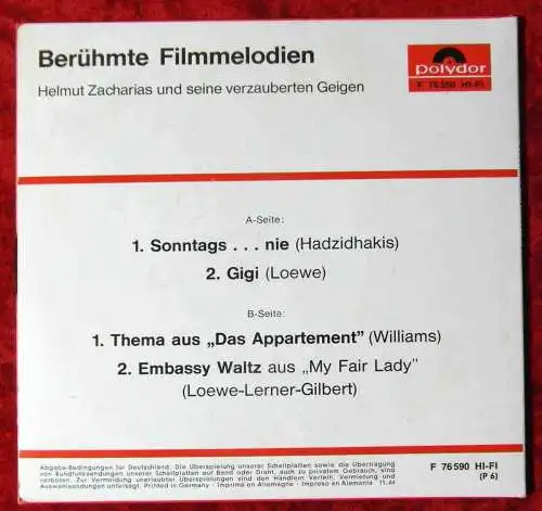 EP Helmut Zacharias: Berühmte Filmmelodien (Polydor F 76 590) D 1964