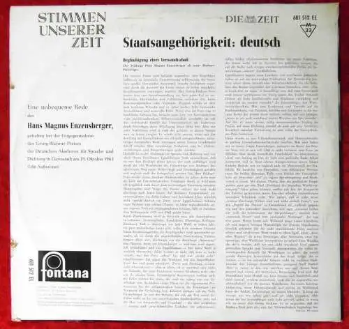 LP Hans Magnus Enzensberger: Stimmen unserer Zeit (Fontana 681 512 EL) D 1963