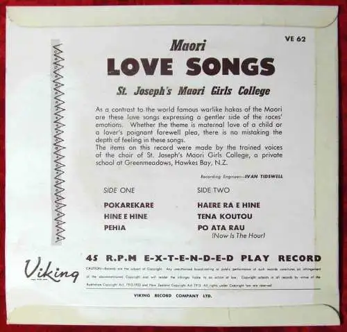 EP St. Joseph´s Maori Girls College: Maori Love Songs (Viking VE 62) Australien