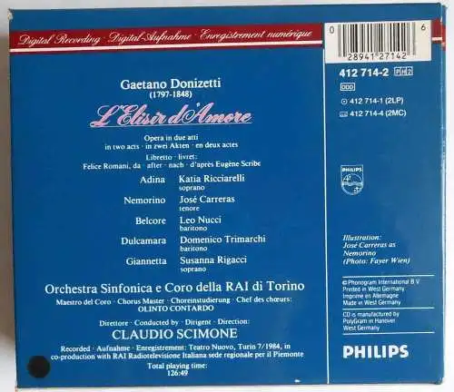 2CD Box Donizetti: L`Elisir d´Amore (Philips) Bicciarelli Carreras Nucci...