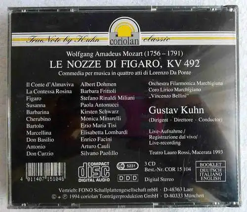 3CD Gustav Kuhn: Mozart - Le Nozze Di Figaro -  Maccerata Festival 1993 - 