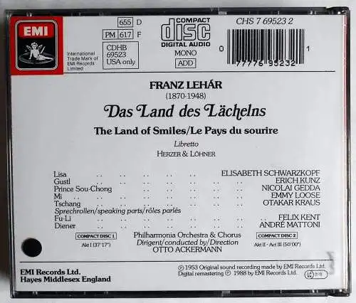 2CD Box Lehar: Das Land des Lächelns - Elisabeth Schwarzkopf Nicolai Gedda (EMI)