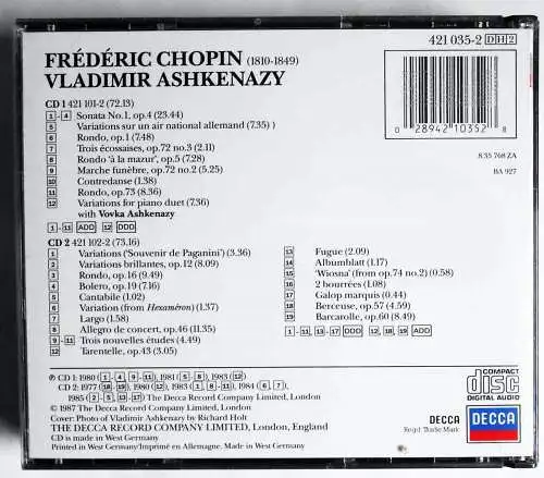 2CD Box Vladimir Ashkenazy: Chopin (Decca) 1987