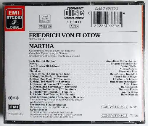 2CD Box Flotow: Martha (EMI) Rothenberger Fassbaender Gedda Prey Heger 1988