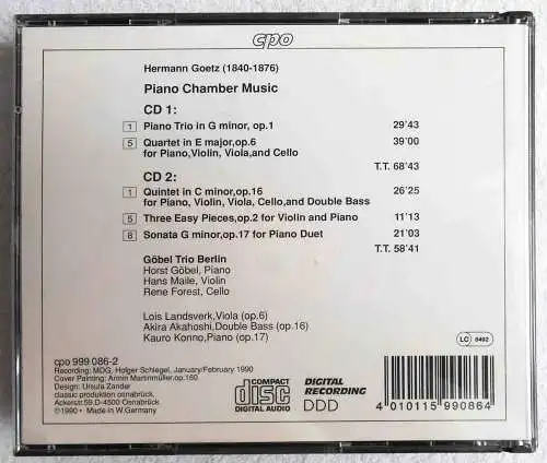 2CD Box Göbel Trio Berlin: Hermann Götz - Piano Chamber Music (CPO) 1990