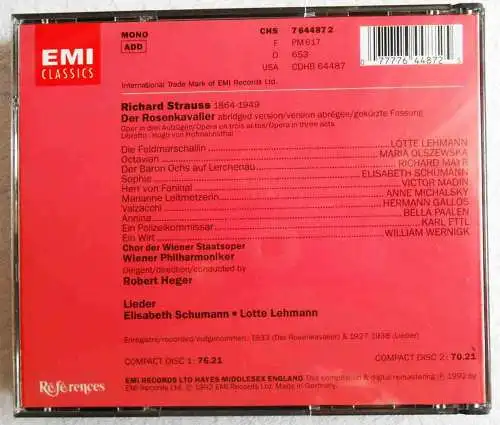 2CD Box Strauss: Rosenkavalier - Lotte Lehmann Elisabeth Schumann (EMI) 1992