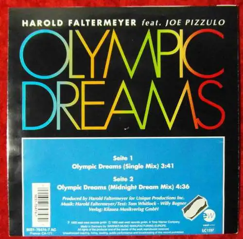 Single Harold Faltermeyer feat Joe Pizzulo: Olympic Dreams 1992 w/ PR Facts