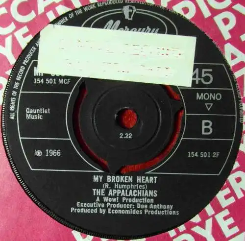 Single Appalachians: My Broken Heart (Mercury MF 930) UK 1966 Musterplatte