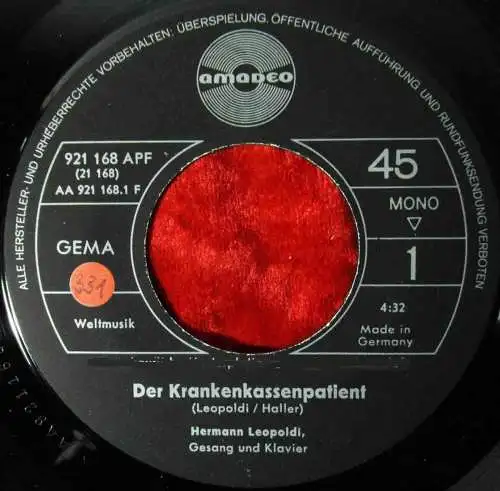 Single Hermann Leopoldi: Der Krankenkassenpatient (Amadeo 921 168 APF) D