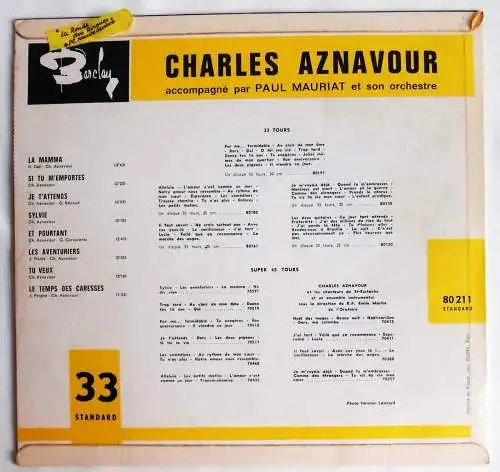 25cm LP Charles Aznavour w/Paul Mauriat et son Orchestre (Barclay 80 211) F 1963