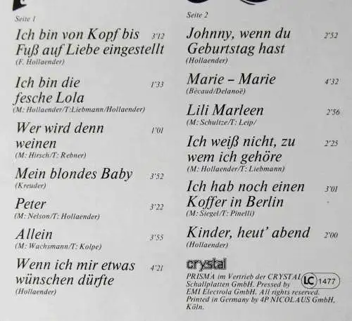 LP Marlene Dietrich: Melodien die man nie vergißt (Prisma 038CRY28 473) D