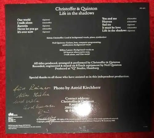 LP Christoffer & Quinton. Life In The Shadows (DA RTL 1027) D 1989 Signiert