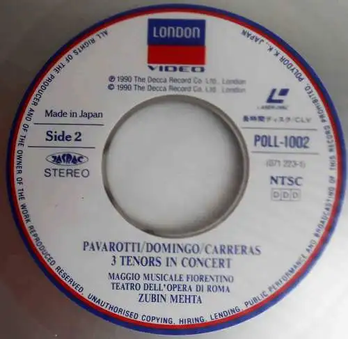 Laser Disc Carreras Domingo Pavarotti In Concert w/ Zubin Mehta (Japan) 1990