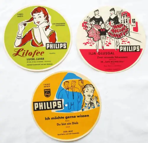3 x Schallplattenwerbung Philips Ilja Glusgal usw..1950er (runde Papierschilder)