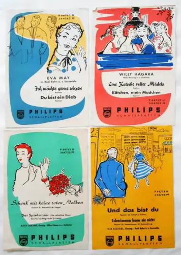 4 x Schallplattenwerbung Philips Willy Hagara usw...1950er Jahre (Kleinplakate)