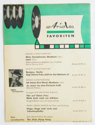Schallplattenwerbung Ariola Favoriten schmales Plakat incl Bestellkarte um 1959