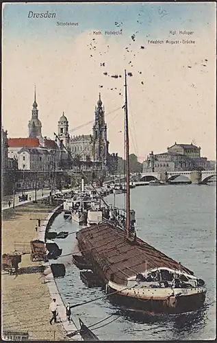 Ak Dresden 1912 Elbe mit Ständehaus Königliche Hofoper Semperoper Elbfrachter Dampfschiff Brühlsche Terasse