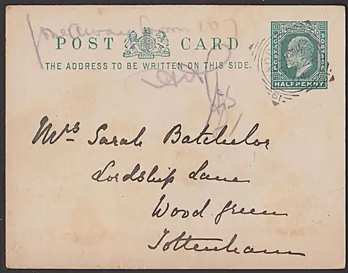 Rattingtorhw to Tottingham Great Britain 0,5 Penny  Ganzsachen card  von 1904
