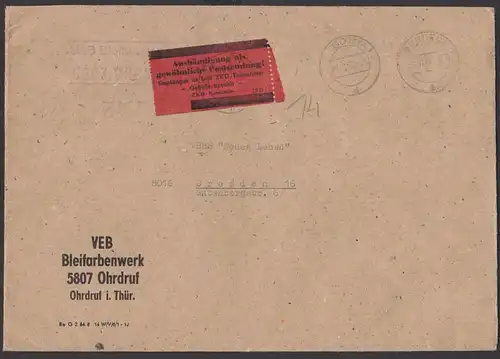 ZKD-Brief OHRDRUFF Bleifarbenfabrik mit "ZKD 7 Aushändigung als gewöhnliche Postsendung!" in rot