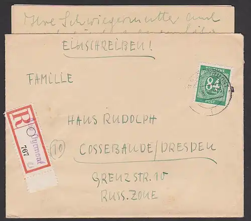Bad Pyrmont R-Brief 84 Pf Ziffer nach der Russischen Zone, R-Zettel mit Rand, mit Briefinhalt