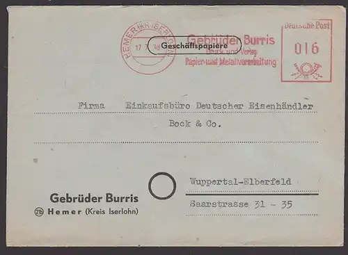 Hemer Kr. Iserlohn AFS  17.7.48 16 Pf. Geschäftpapiere Gebrüder Burris Papier- u. Metallverarbeitung