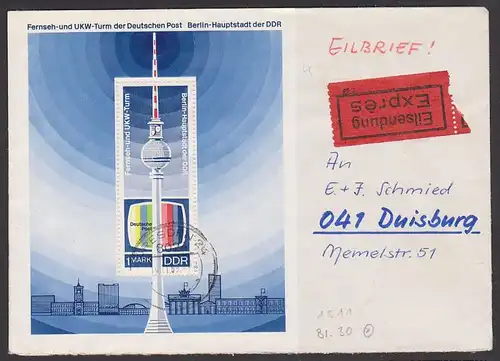 Berlin Hauptstadt der DDR Block 30 Eilsendung, rs. Eingangst. Fernsehturm Farbfernseher-Testbild