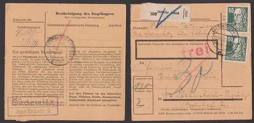 Gadewitz über Döbeln 2, 60 Pf (2) Fr. Hegel auf Paketkarte  nach Röthenbach Pegnitz, geprüft BDP, Wz. 3 portogenau