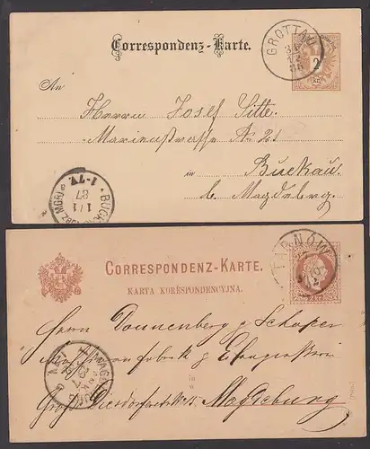GROTTAU TARNOW, Correspondenz-Karte je 2 Kreutzer nach Buckau bzw. Magdeburg aus 1882, 1886
