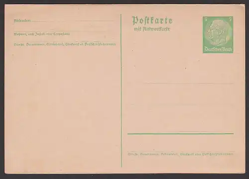 Germany P228 I Deutsches Reich GA 5 / 5 Doppelkarte ungebraucht Hindenburg