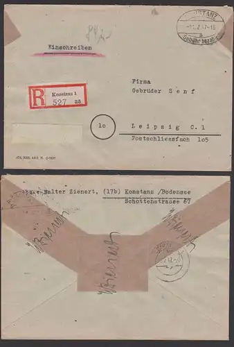 Konstanz E-Fernbrief Gebühr bezahlt Barfrankatur 11.2.47 Einschreiben