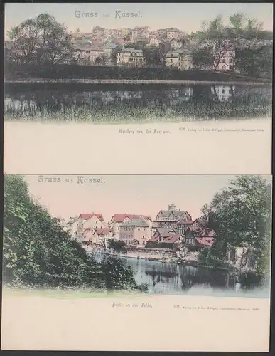Kassel Cassel 2 Ktn um 1905 unbeschrieben, Partie an der Fulda, Weinberg von der Aue aus.