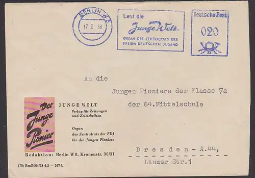BERLIN AFS "Lest die Junge Welt Organ des Zentralrates der Freien Deutschen Jugend", Junge Pioniere  1958, Verlag