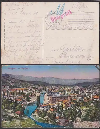 Sarajevo MWSt. K. und. K.Milit. Post CAK Feldpost mit "Überprüft"-Stempel