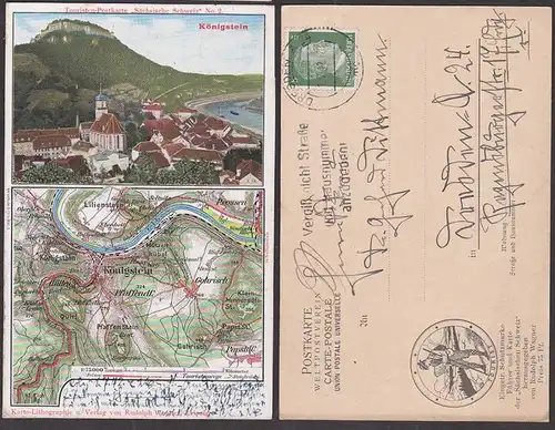 Königstein Sächsische Schweiz Touristenpostkarte mit Landkarte, Festung Elbe , Ortskarte MWSt.."Vergiss nicht Straße...