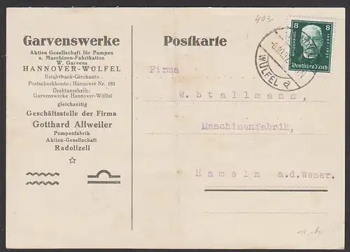Hindenburg  8 Pf Deutsche Nothilfe, DR 403 Hannover-Würfel Garvenswerke Karte mittig gebrochen