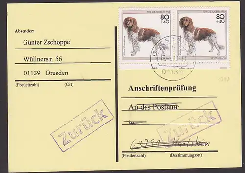 Dog, Kleiner Münsterländer 80 Pf als MeF auf Anschriftenprüfung in Karlstein BRD 1797(2), chien