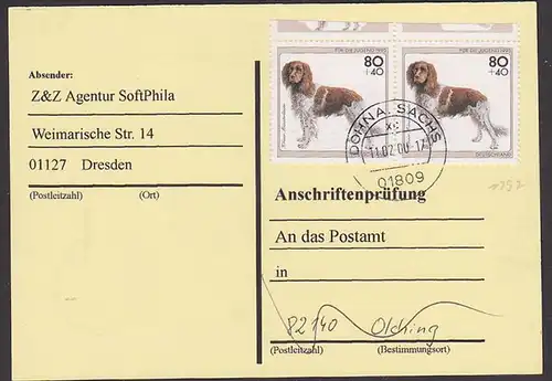 Dog, Kleiner Münsterländer 80 Pf als MeF auf Anschriftenprüfung in Olching BRD 1797(2), chien