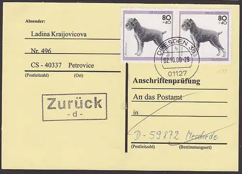 chien, Mittelschnauzer 80 Pf als MeF auf Anschriftenprüfung in Meschede BRD 1798(2), Dog