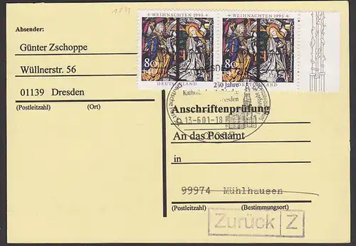 Noël  80 Pf Weihachten 1995 als MeF auf Anschriftenprüfung in Mühlhausen BRD 1831(2), christmas, SSt. kath. Hofkirche