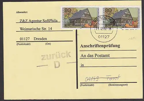 Thüringer Bauernhaus 80+40 Pf Wohlfahrtspflege Anschriftenprüfung in Torst BRD 1884(2)