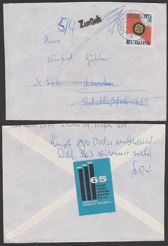 Landau in der Pfalz nach Dresden mit "zurück"-Stempel, rs. Vignette Deutsche Industrieausstellung Berlin 1965