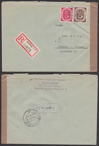 Augsburg Germany 135, R-Brief mit 20, 60 Pf Ziffern mit Posthorn, rs. Postst.-St. Ausgsburg 2A, nach Berlin-Fronau