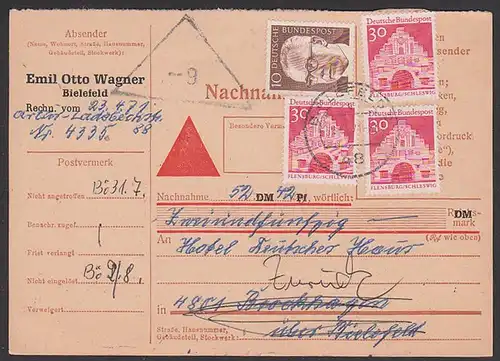 Bielefeld Nachnahme-Karte mit "zurück"-Vermerk 1971, 30 Pf Flensburg Schleswig